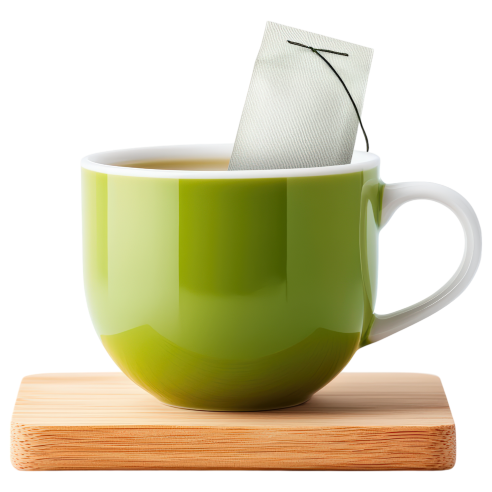 vibrant green cup of tea with tea bag steeping, resting on wooden coaster, evokes sense of warmth and relaxation. png