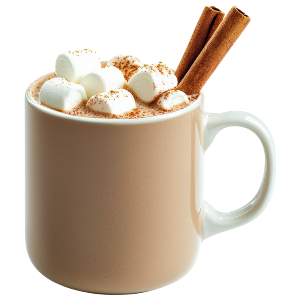warm cup of hot cocoa topped with fluffy marshmallows and cinnamon sticks evokes cozy feelings. png