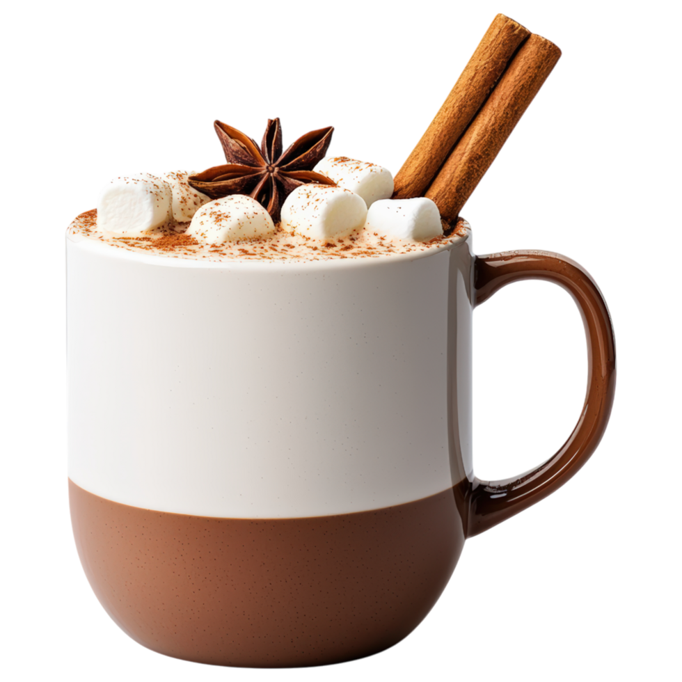 warm cup of hot cocoa topped with marshmallows and spices, perfect for cozy moments. png