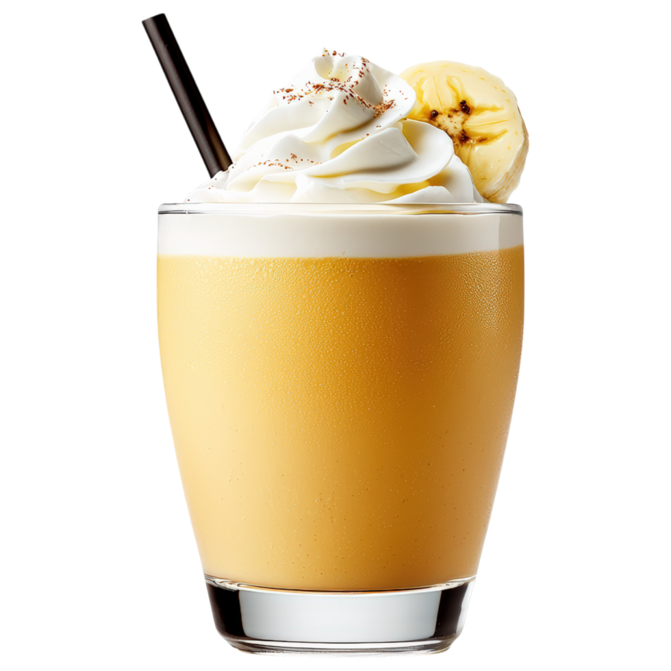 delicious banana smoothie topped with whipped cream and slice of banana, perfect for refreshing treat. png