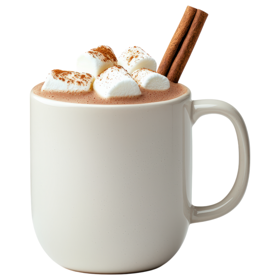 warm cup of hot cocoa topped with fluffy marshmallows and cinnamon stick, perfect for cozy moments. png