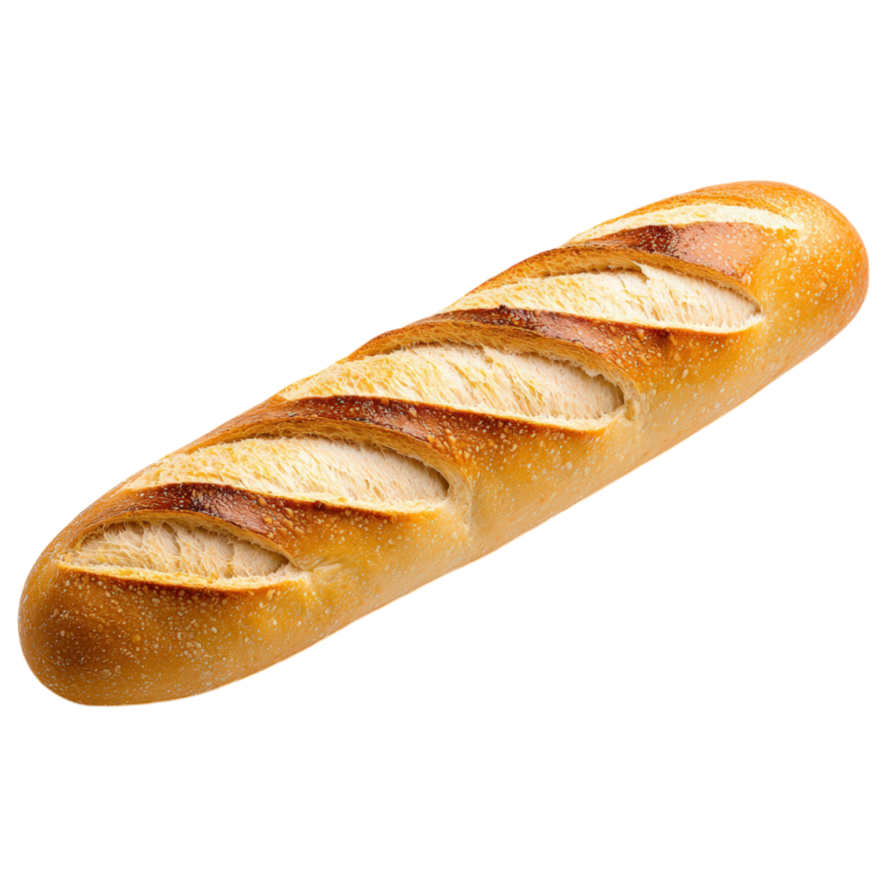 Crispy golden French baguette with torn end, perfect for sandwiches or enjoying with butter. png
