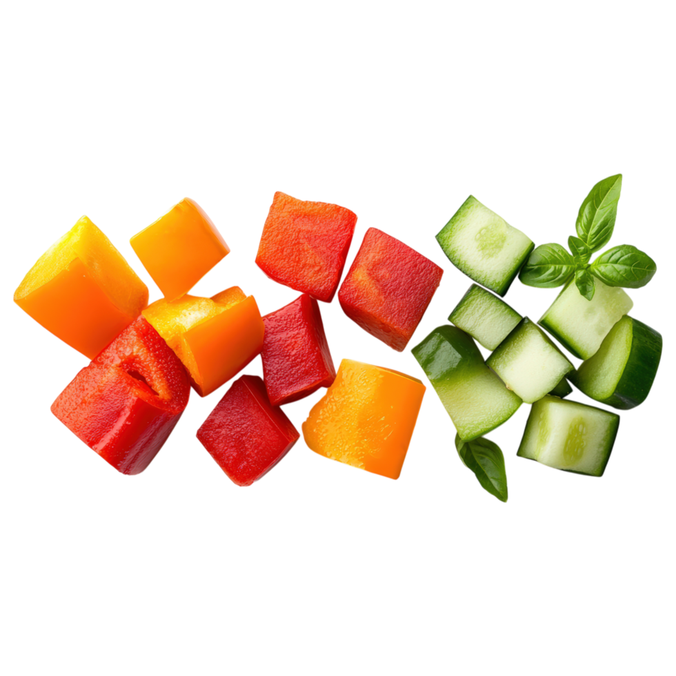 Colorful mix of bell pepper slices and cucumber cubes, garnished with fresh basil, creating vibrant and appetizing display. png