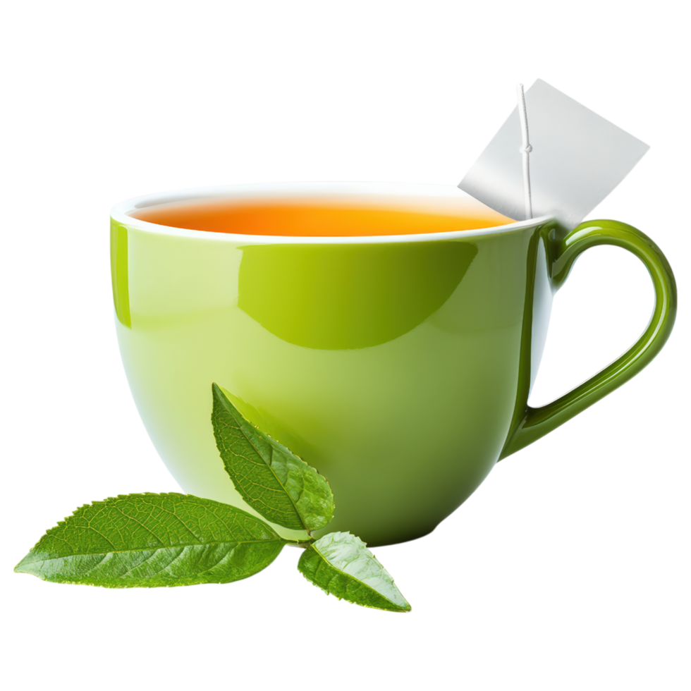vibrant green cup of tea with tea bag, accompanied by fresh green leaves, evokes sense of warmth and relaxation. png