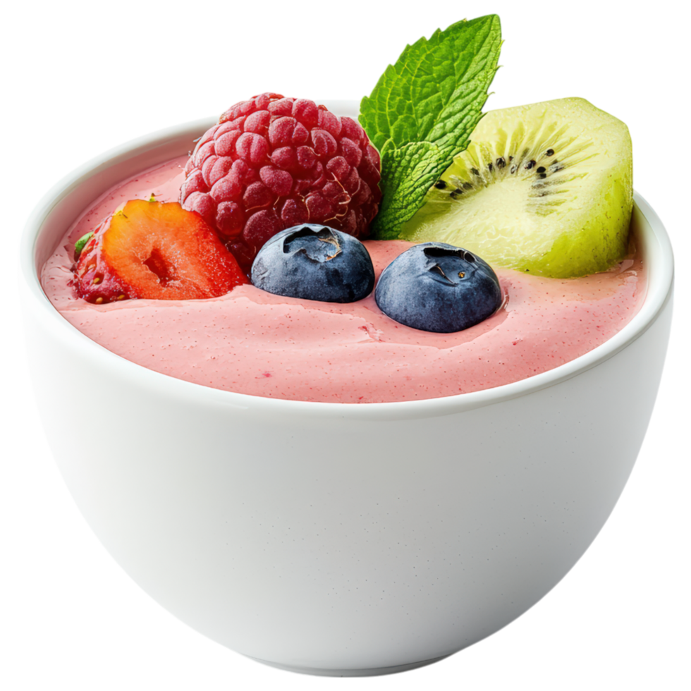 colorful smoothie bowl topped with fresh fruit, including raspberries, strawberries, blueberries, and kiwi, evokes refreshing and healthy png