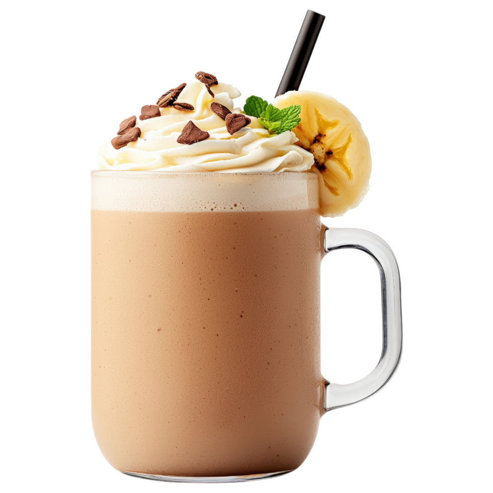 delicious banana smoothie topped with whipped cream, chocolate chips, and slice of banana, perfect for refreshing treat png