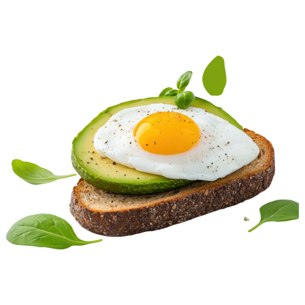 A slice of bread with an egg and avocado on top png