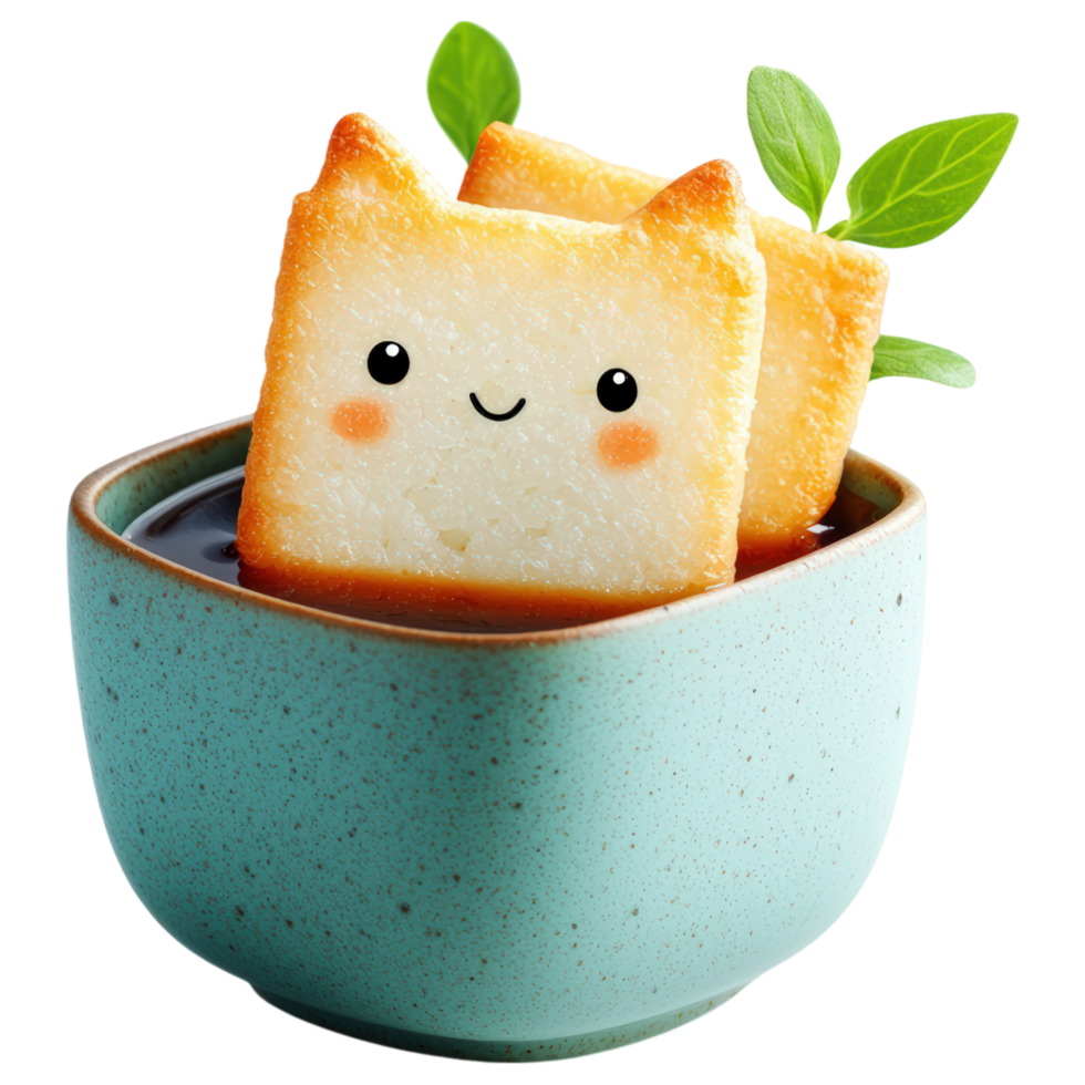 cute animal shaped rice cracker with smiling face, resting in bowl of dipping sauce, garnished with fresh leaves. png