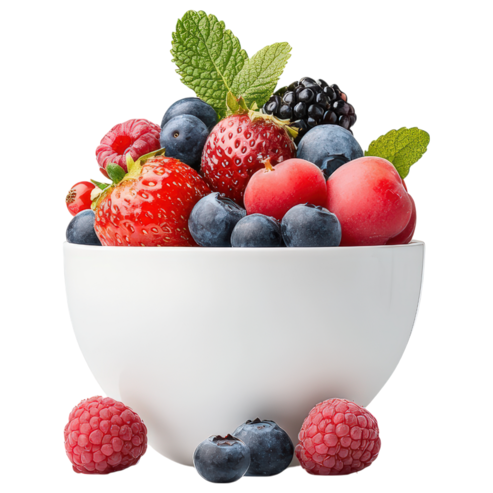 A bowl of fruit with strawberries, blueberries, and raspberries png