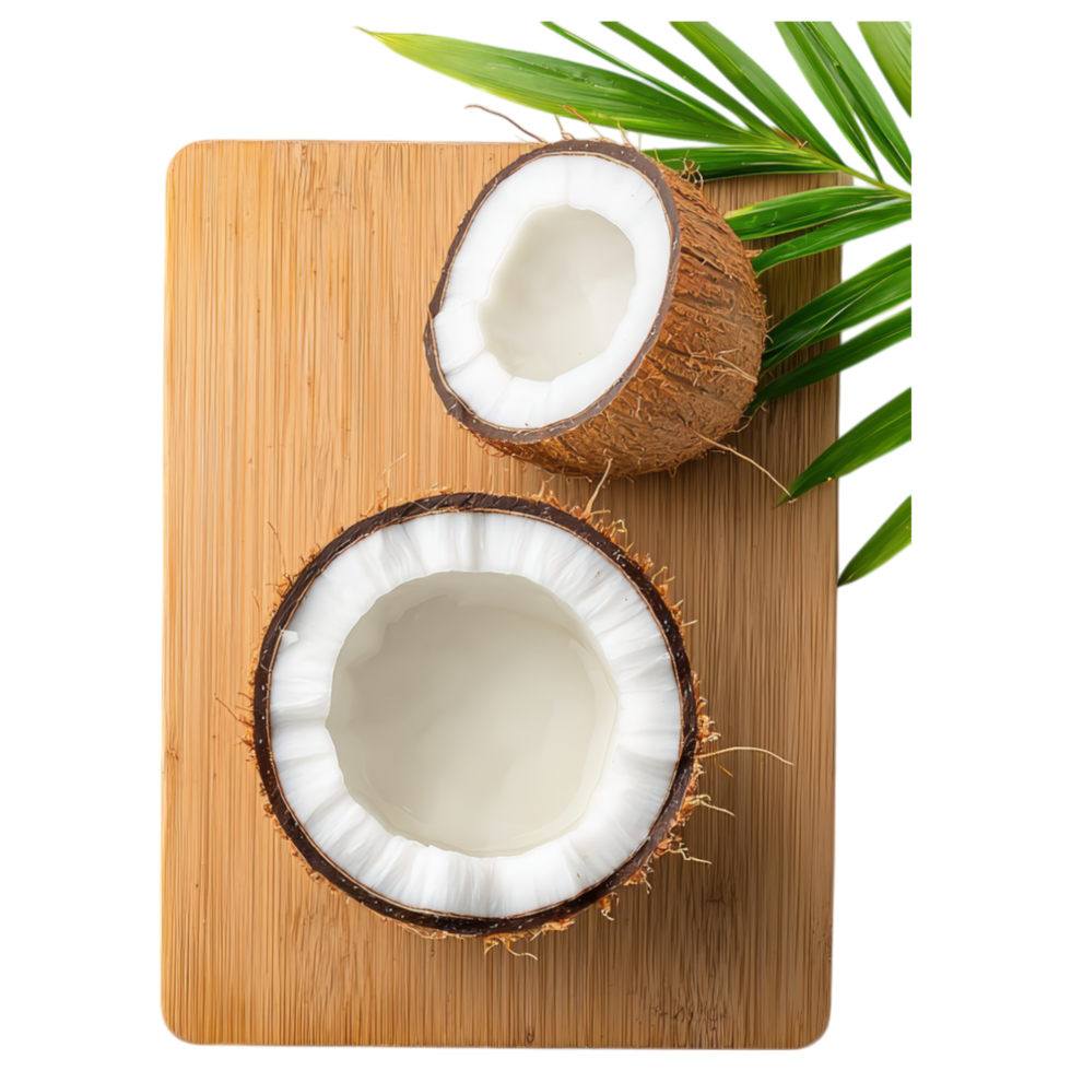 Two coconuts are on a wooden cutting board png