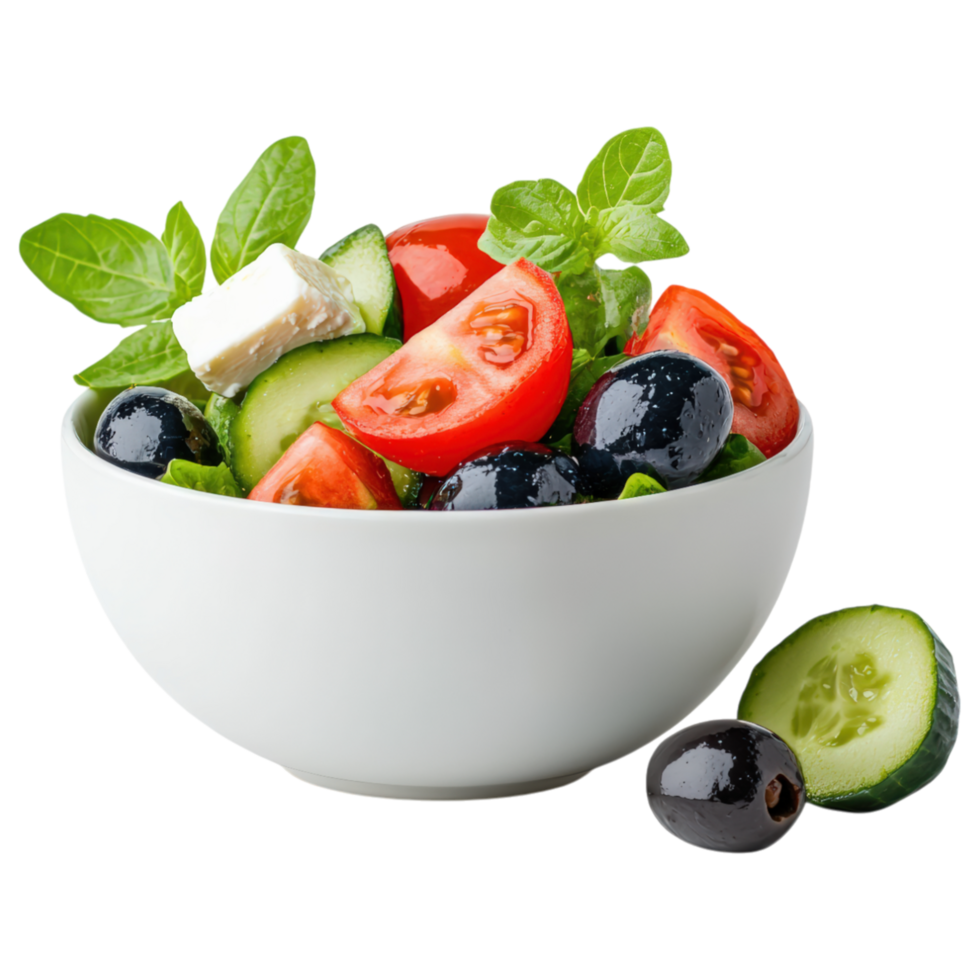 A bowl of salad with tomatoes, cucumbers, and olives. png