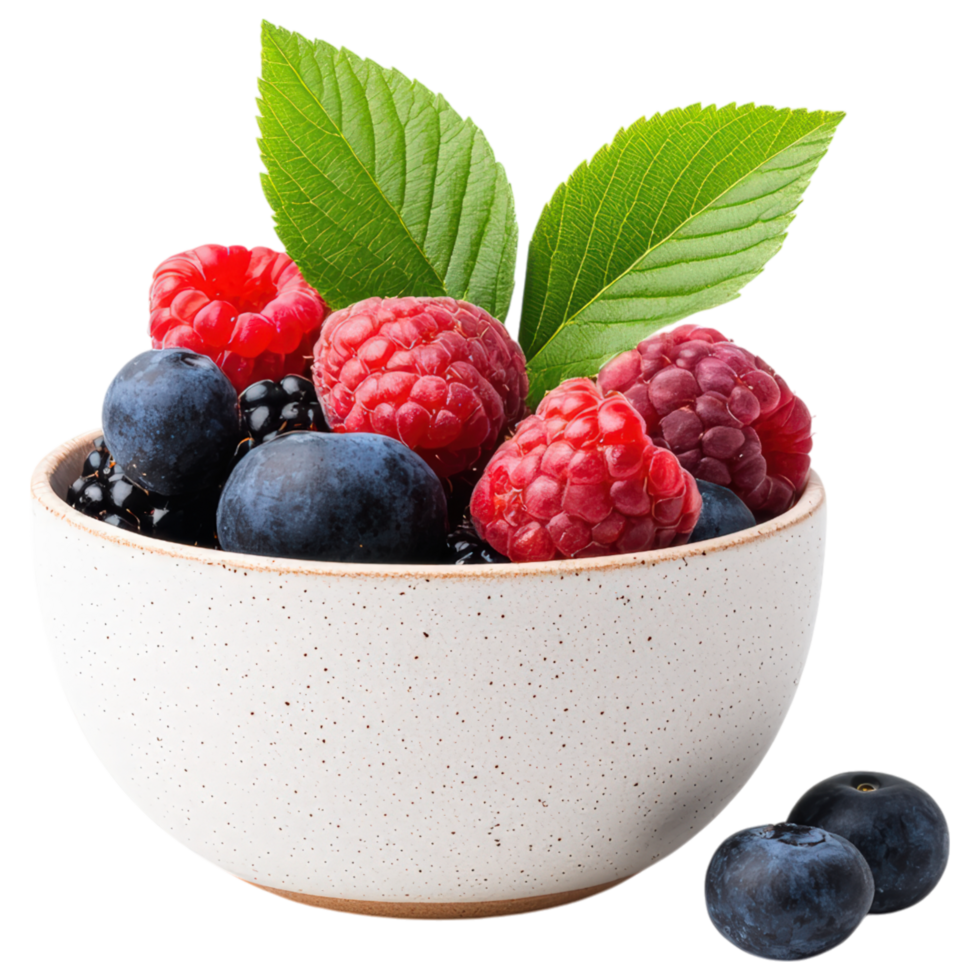 A bowl of raspberries and blueberries with a leaf on top png