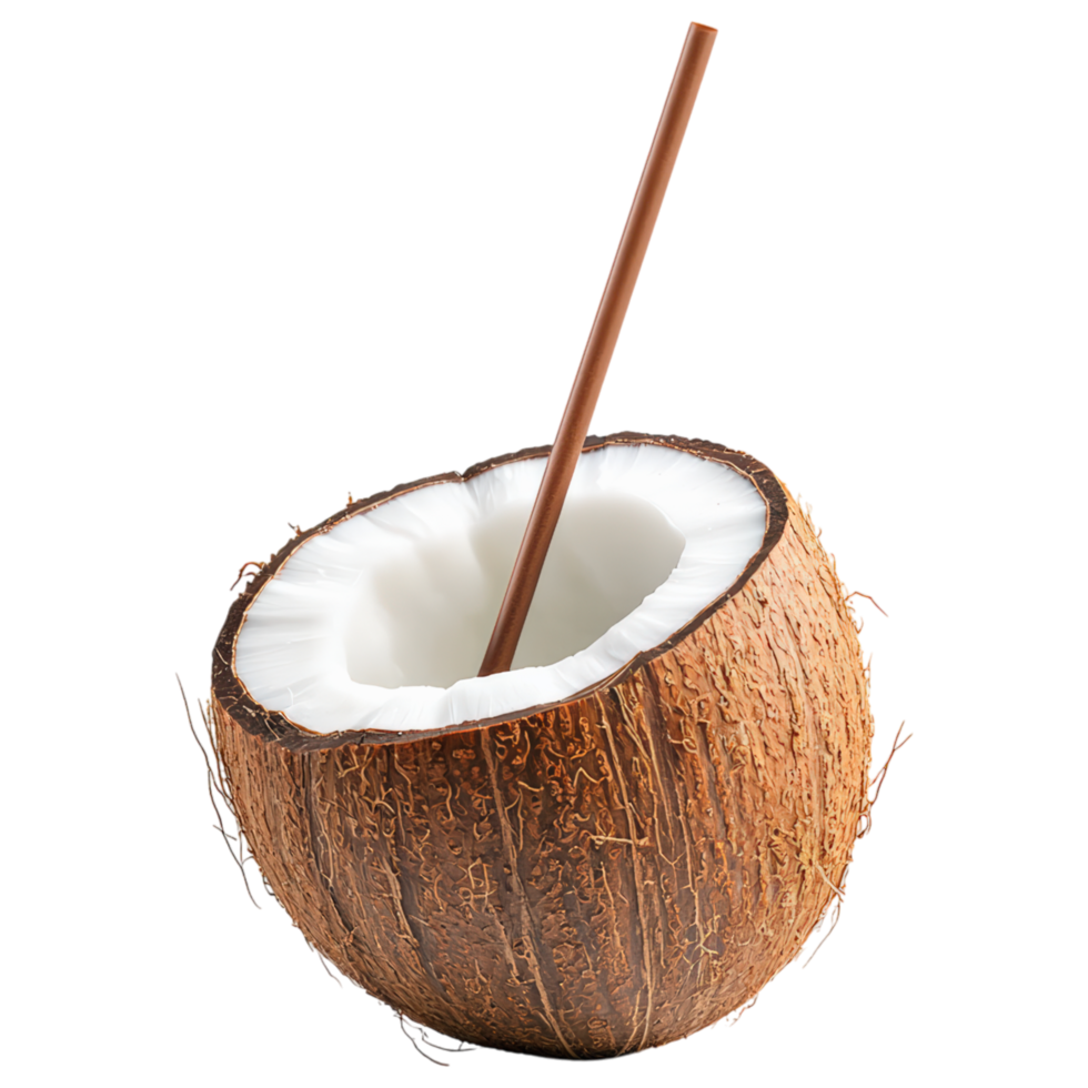 A coconut is cut open and a straw is inserted into the center png