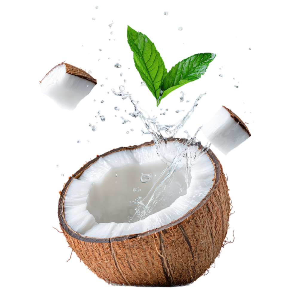 A coconut is cut open and the water is splashing out png