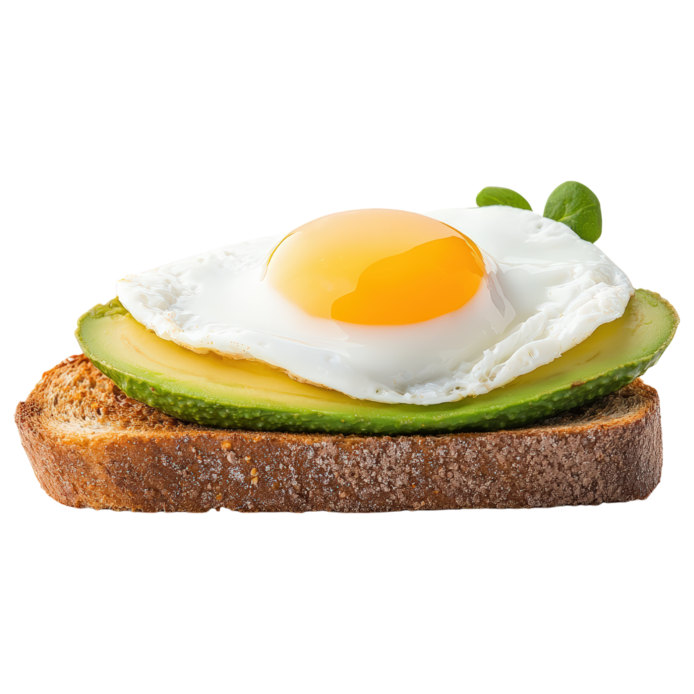 A slice of bread with a fried egg and avocado on top. png