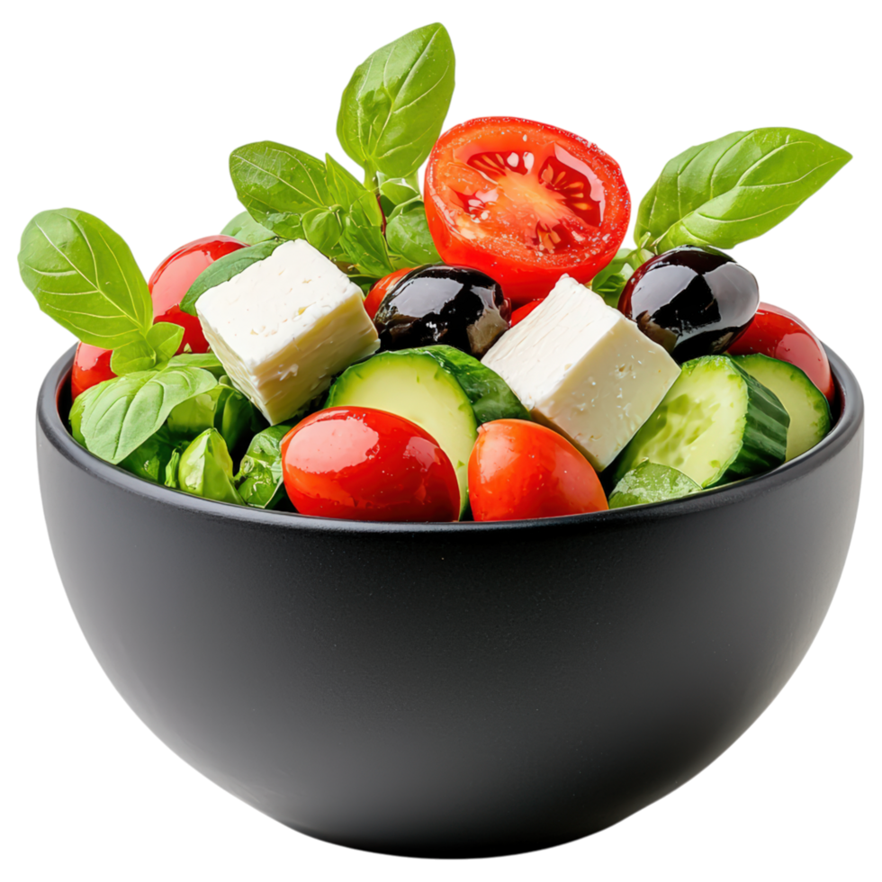 A bowl of salad with tomatoes, cucumbers, and olives. food, png
