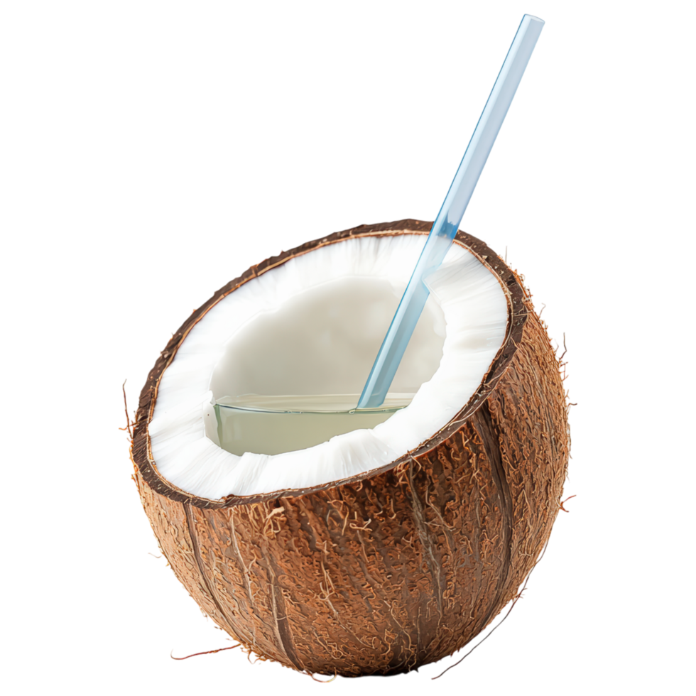 A coconut is cut open and a straw is inserted into the coconut png