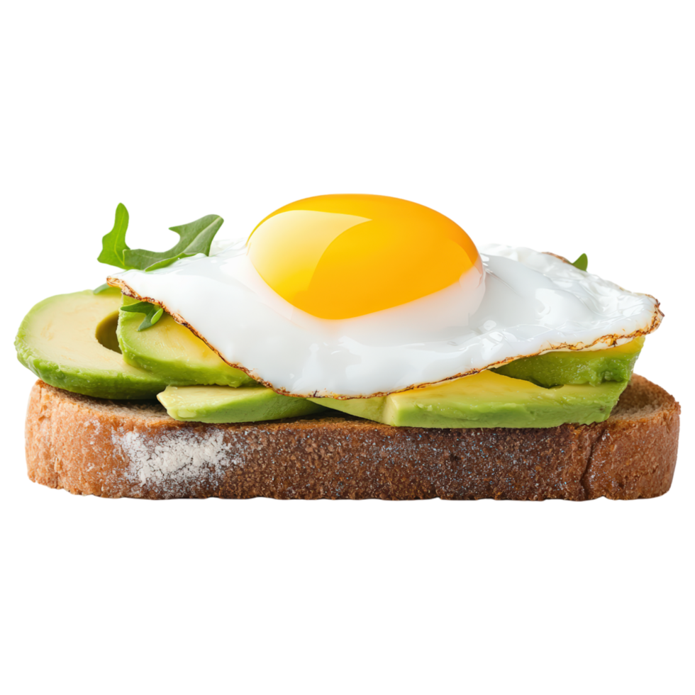 A slice of bread with a fried egg and avocado on top png