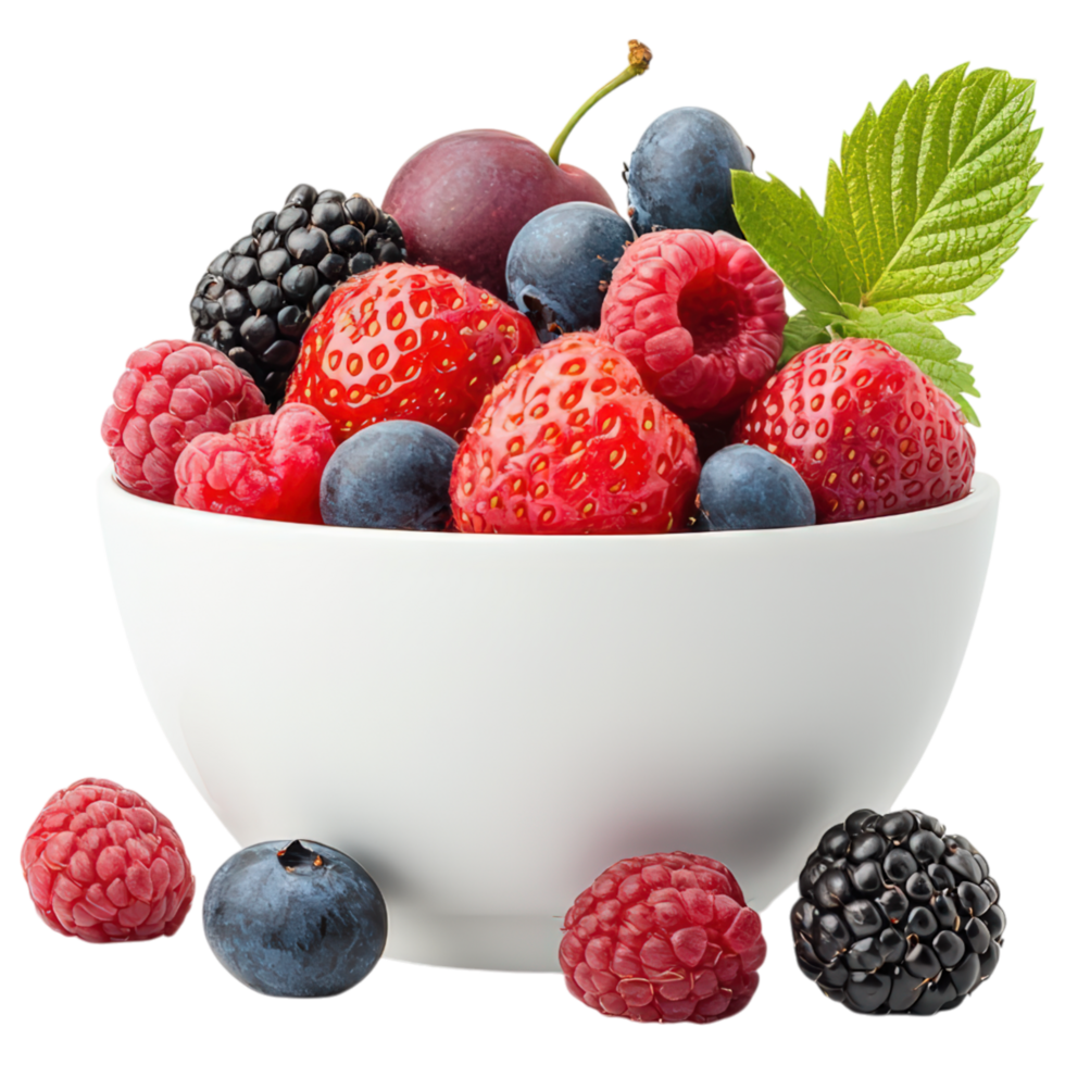 A bowl of mixed berries including raspberries, blueberries, and blackberries png