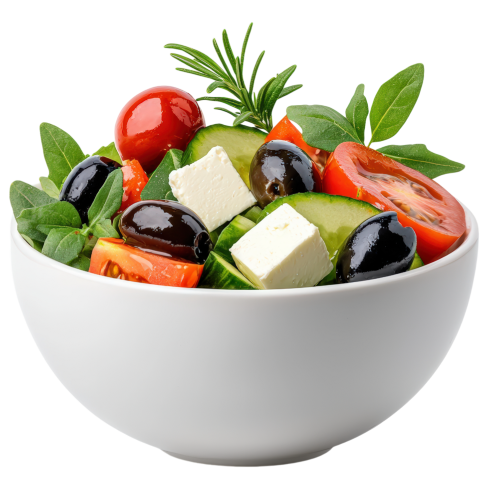 A bowl of salad with tomatoes, cucumbers, and olives. food png