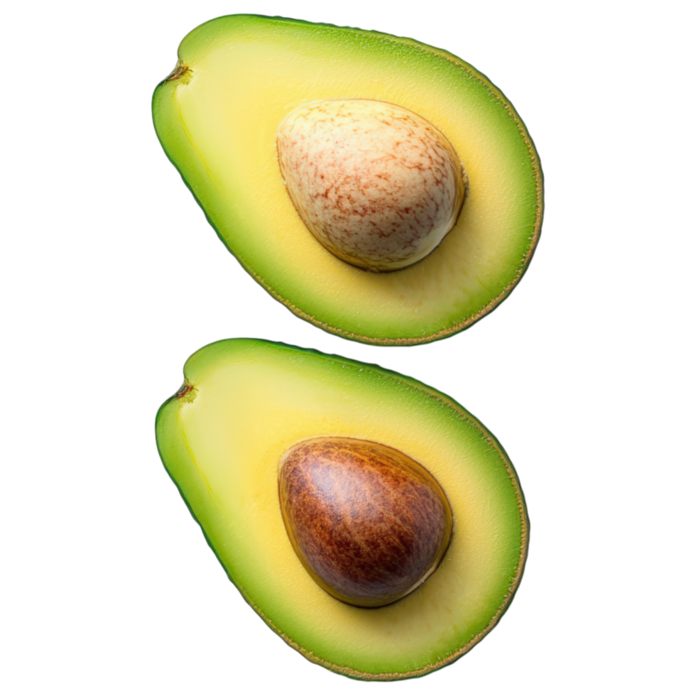 Two avocados are cut in half, revealing their green, creamy insides png