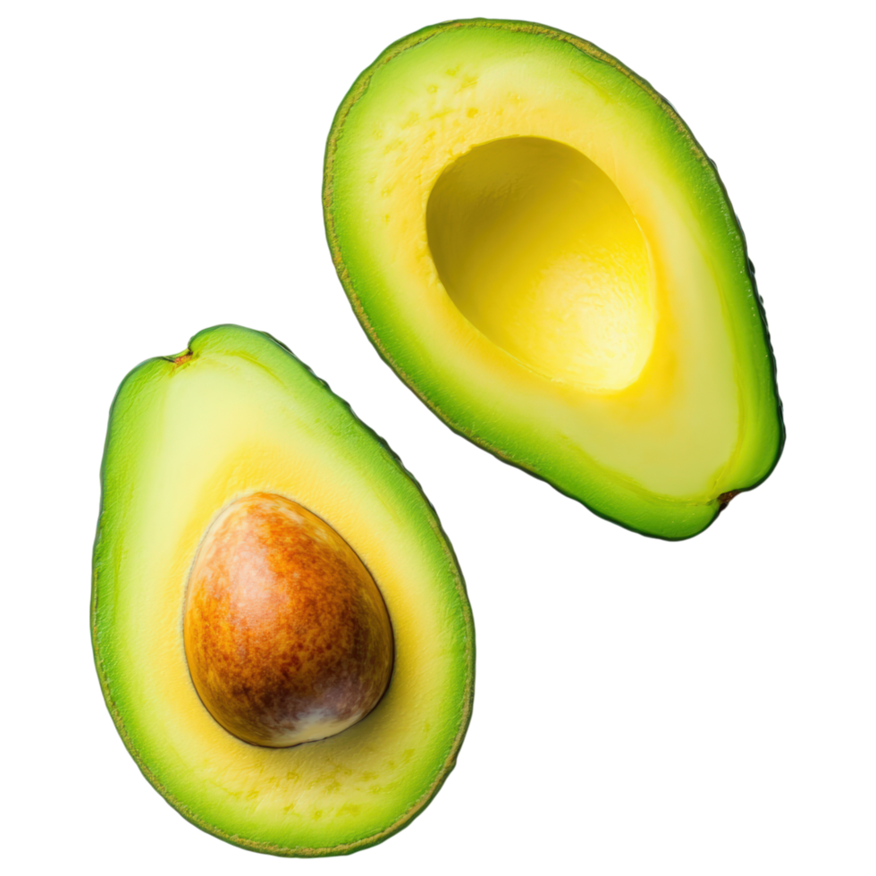 A green avocado with a brown tip is cut in half png