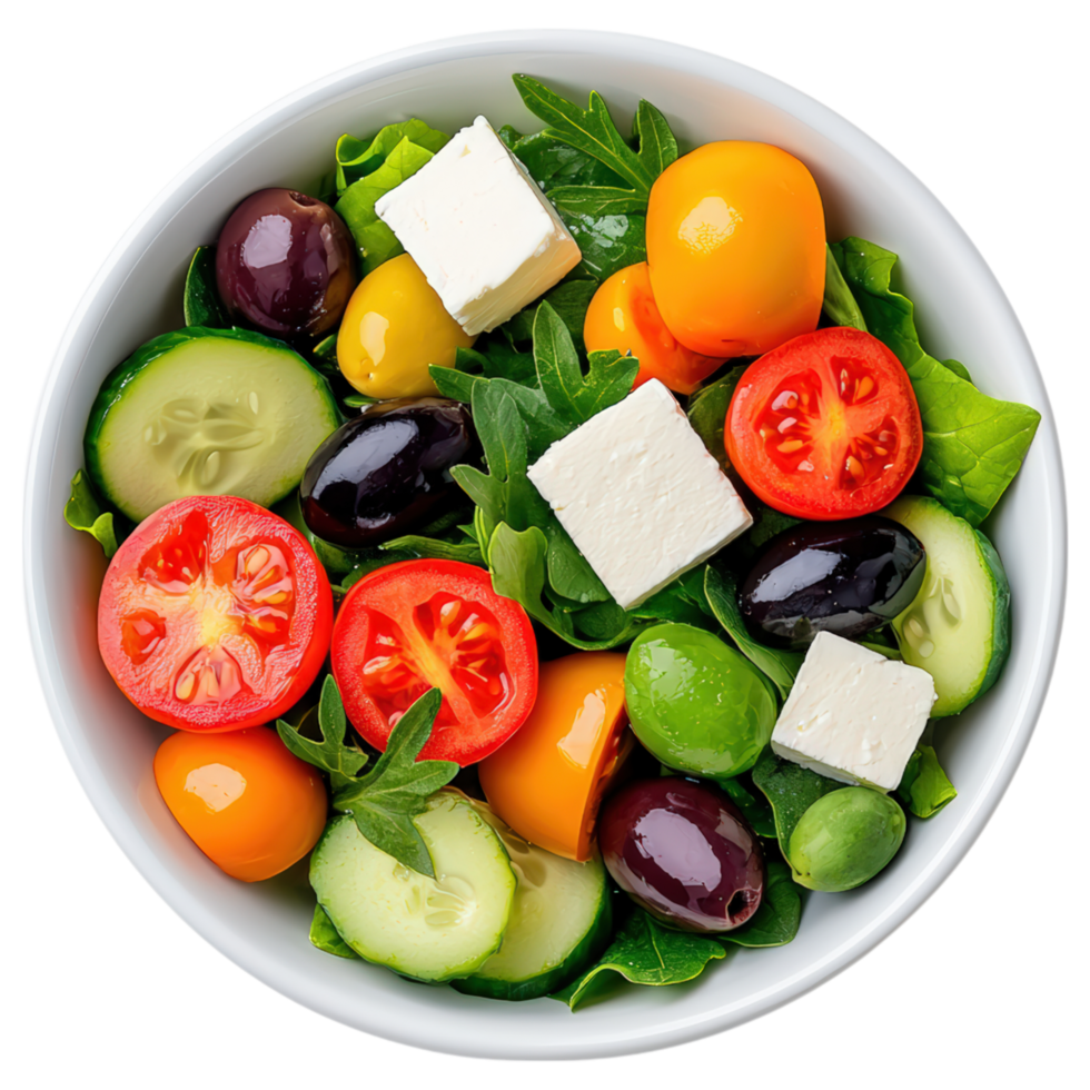 A bowl of salad with tomatoes, cucumbers, and olives png
