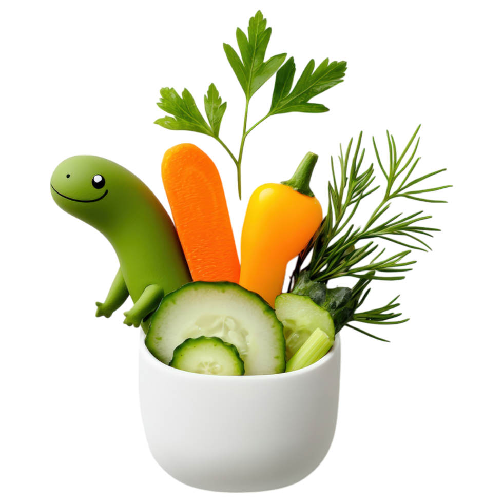Free Isolated Food and Beverage on Transparent Background Fresh vegetables and herbs bowl, featuring playful character, evoke joy and creativity png