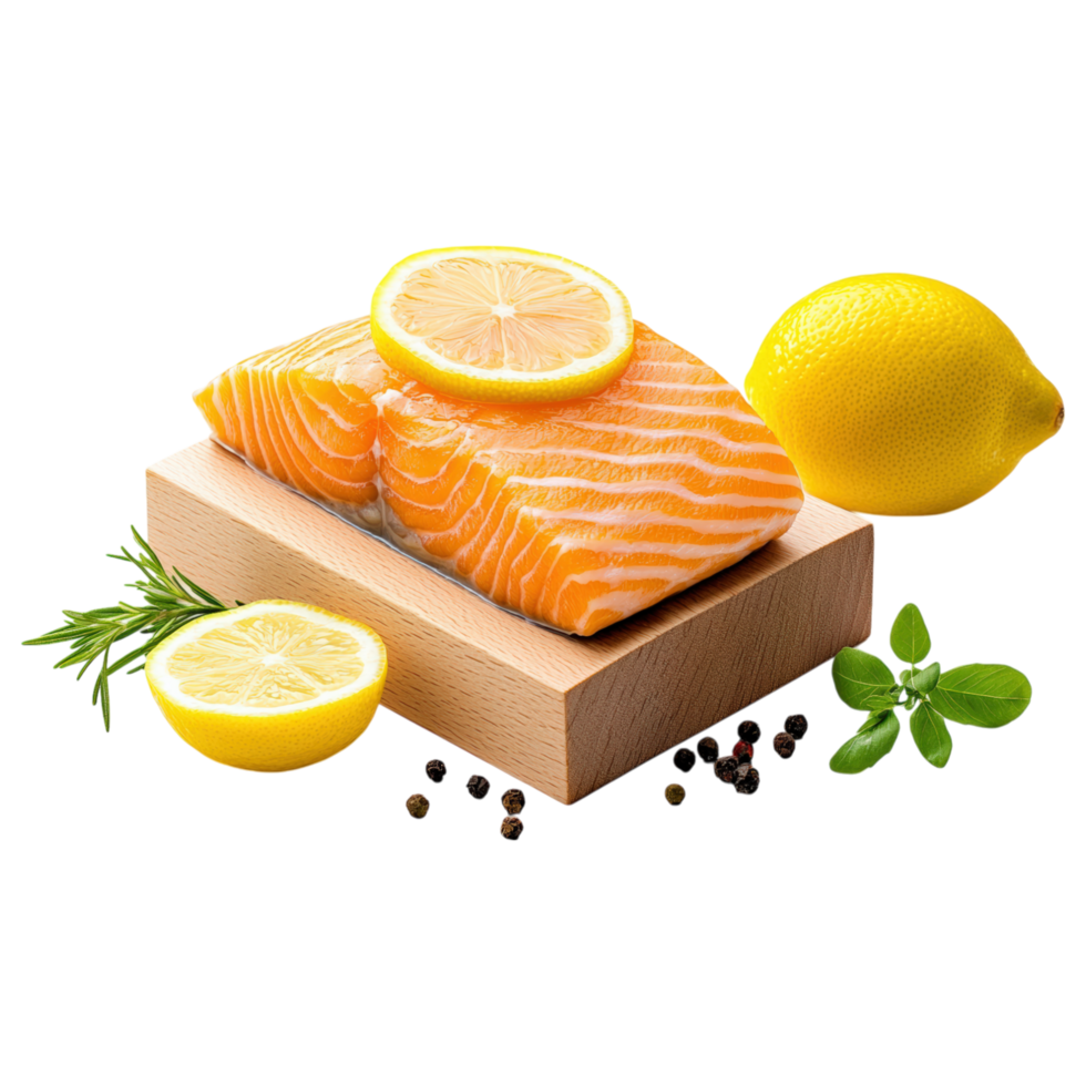 Free Isolated Food and Beverage on Transparent Background Fresh salmon fillet with lemon slices, herbs, and spices, perfect for food and beverage png