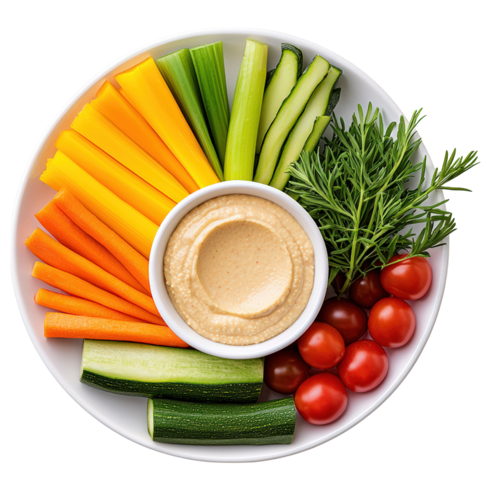 Free Isolated Food and Beverage on Transparent Background Fresh vegetables, colorful, healthy, food, and beverage, served with dip png