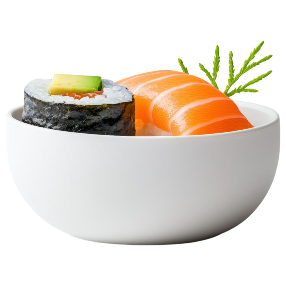 Free Isolated on Transparent Background, Fresh sushi, featuring salmon and avocado rolls, perfect for food and beverage lovers png