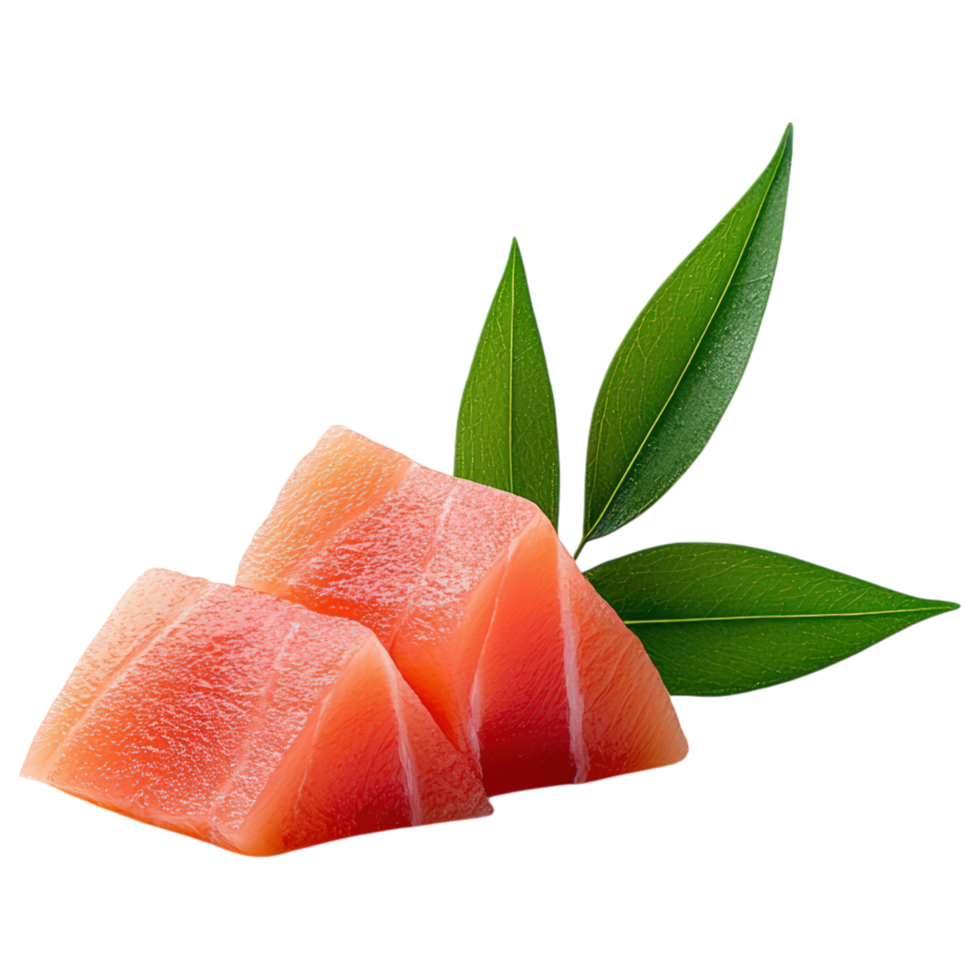 Free Isolated Food and Beverage on Transparent Background Fresh salmon, food, and beverage, with vibrant green leaves, perfect for sushi png