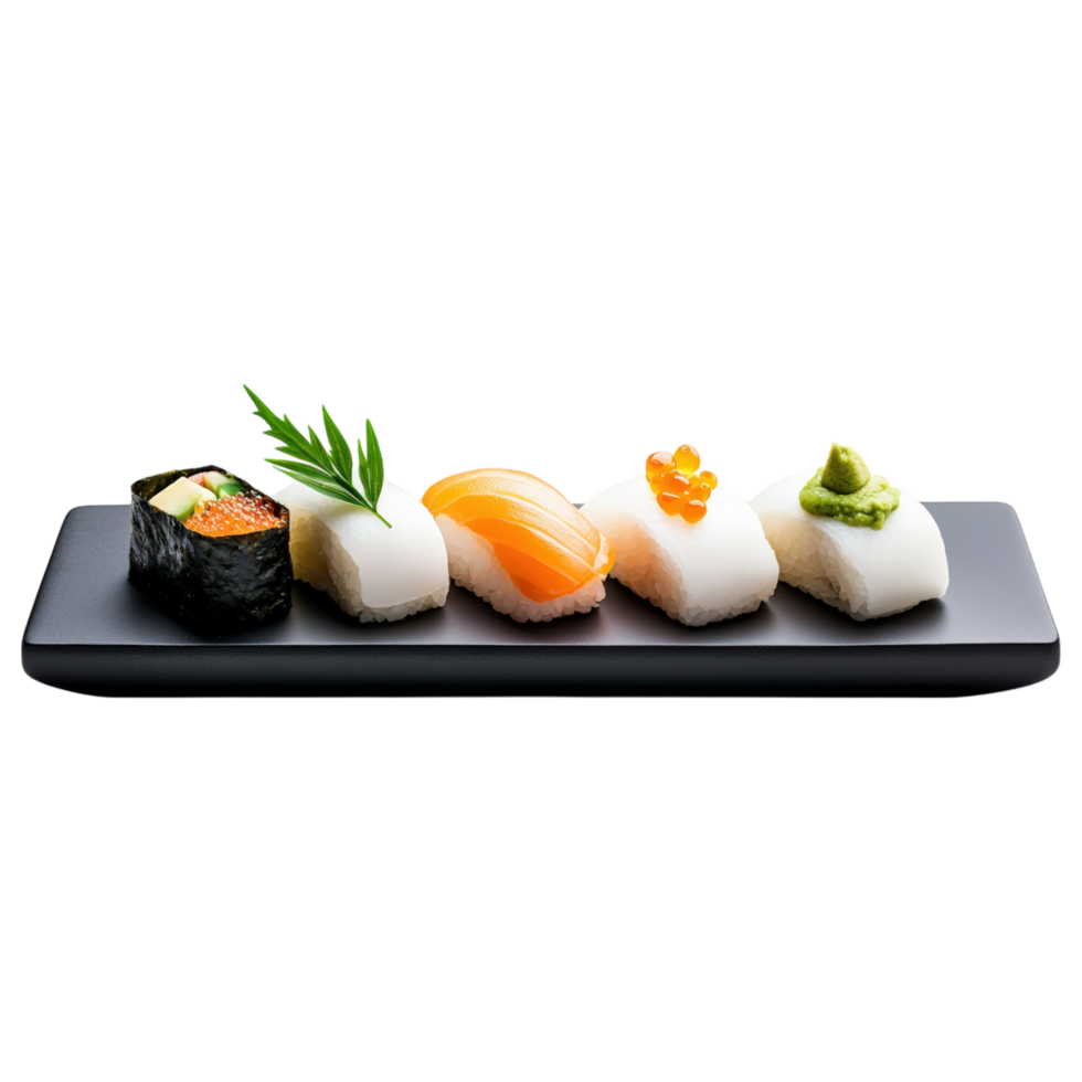 Free Isolated on Transparent Background, Sushi platter featuring various types of sushi, showcasing fresh ingredients, colors, and textures png