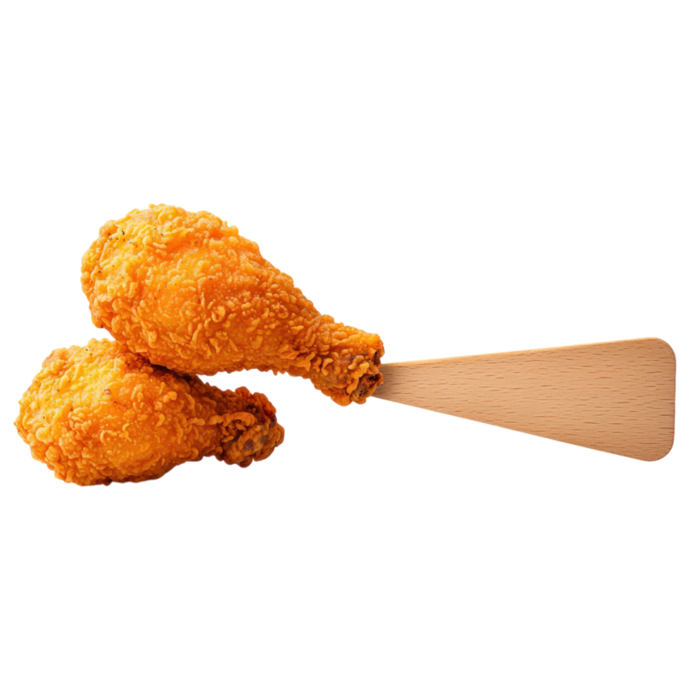Free Isolated on Transparent Background, Crispy, golden, fried chicken drumsticks served with wooden spatula, perfect for food, and beverage png