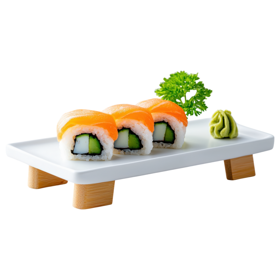 Free Isolated on Transparent Background, Sushi rolls with fresh salmon, avocado, and wasabi white plate, showcasing vibrant colors and textures png
