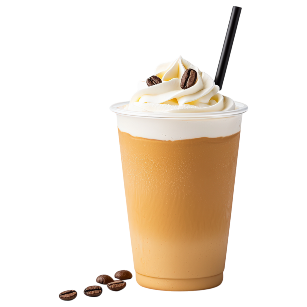 Free Isolated on Transparent Background, Creamy iced coffee beverage topped with whipped cream and coffee beans, perfect for refreshing treat png