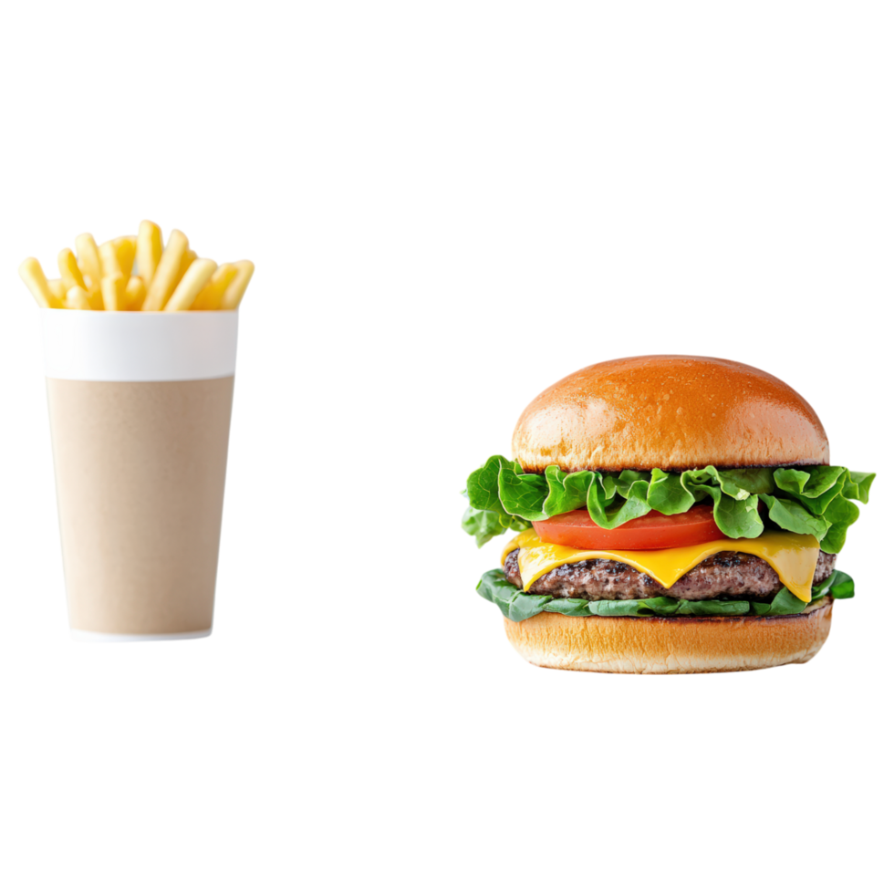 Free Isolated on Transparent Background, Delicious burger and fries, perfect for meal, showcasing food and beverage enjoyment png
