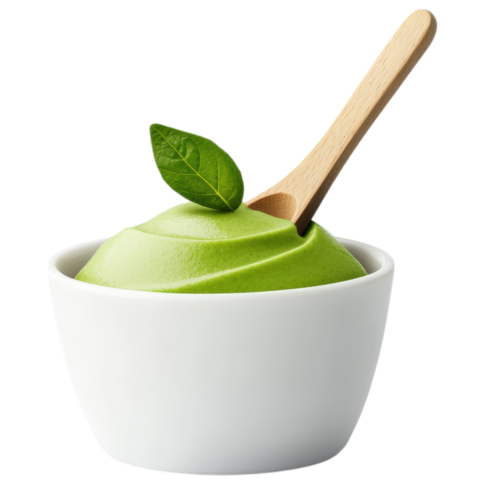Free Isolated on Transparent Background, Creamy green dessert, food, and beverage, served in white bowl with wooden spoon and fresh leaf garnish png