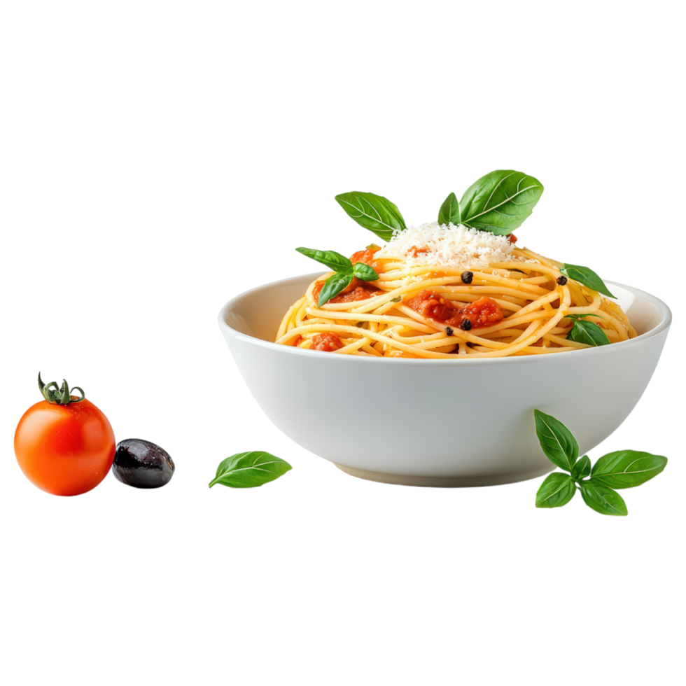Free Isolated on Transparent Background, Delicious pasta with sauce, fresh basil, and tomatoes, perfect for food and beverage lovers png