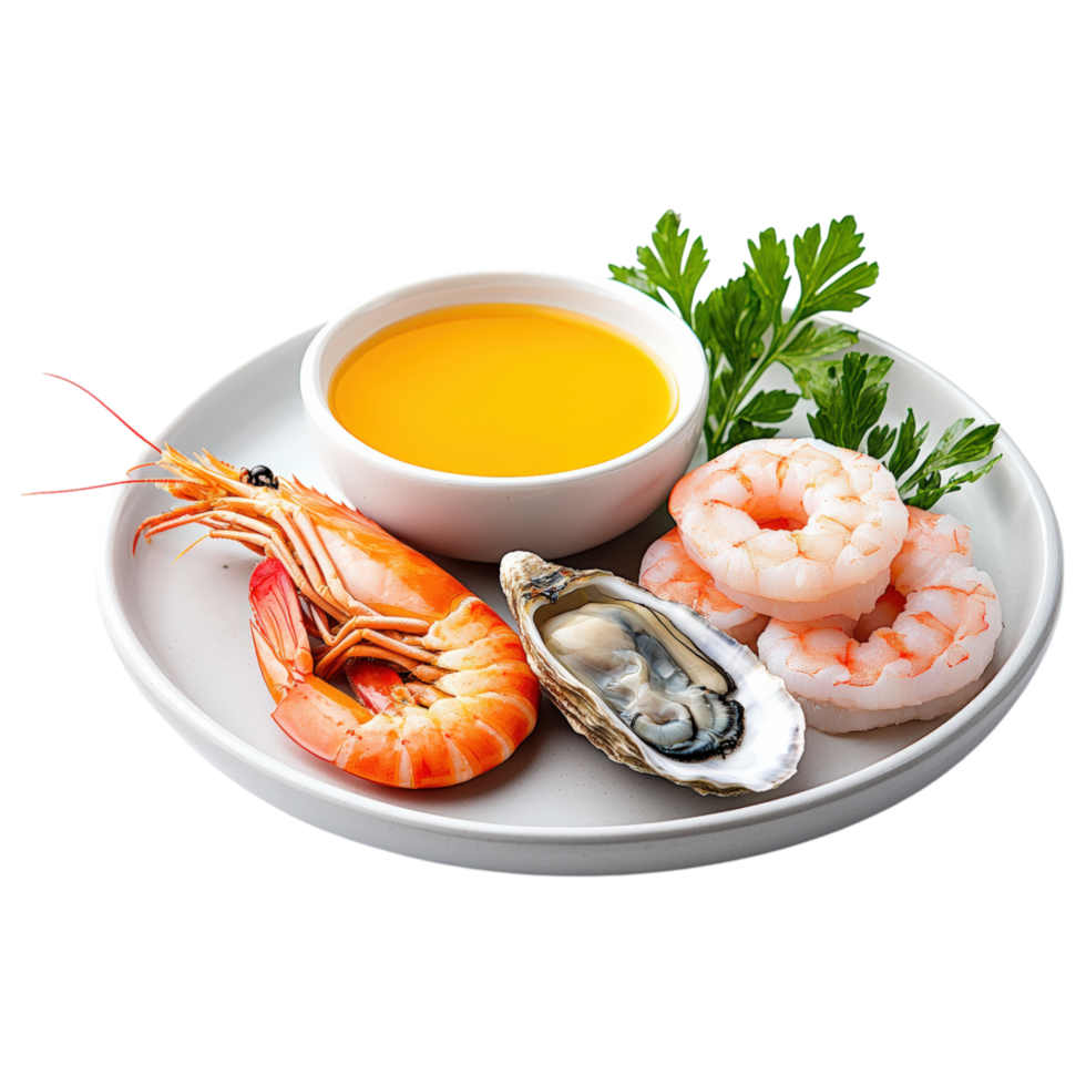 Free Isolated on Transparent Background, Fresh seafood platter featuring shrimp, oysters, and dipping sauce, perfect for food and beverage lovers png