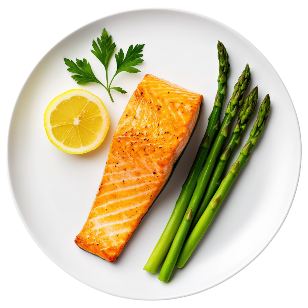 Free Isolated on Transparent Background, Delicious salmon fillet with asparagus, lemon slice, and parsley, perfect for food and beverage lovers png