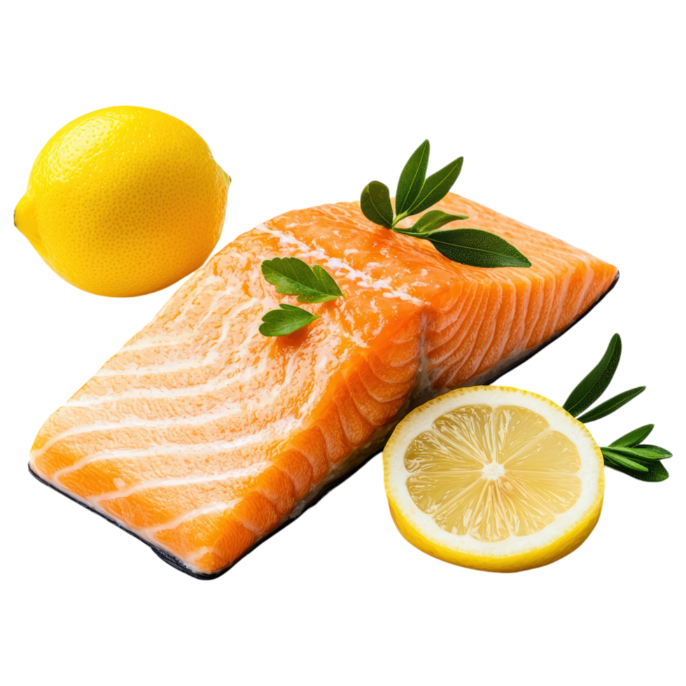 Free Isolated on Transparent Background, Fresh salmon fillet, lemon, and herbs create vibrant food and beverage display png
