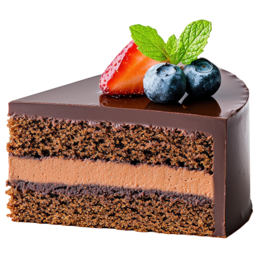 Free Isolated on Transparent Background, Delicious chocolate cake slice with creamy filling, topped with fresh berries and mint, perfect for food png