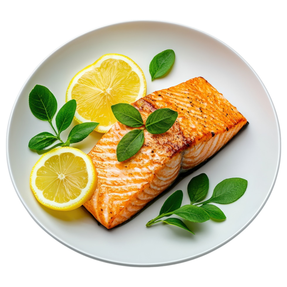 Free Isolated on Transparent Background, Delicious salmon fillet garnished with lemon slices and fresh herbs, perfect for food and beverage lovers png
