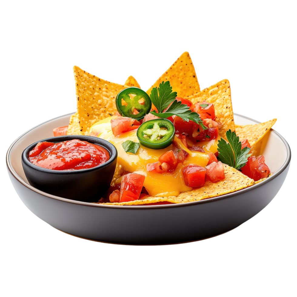 Free Isolated on Transparent Background, Delicious nachos topped with cheese, salsa, and fresh vegetables, perfect for sharing and enjoying food png