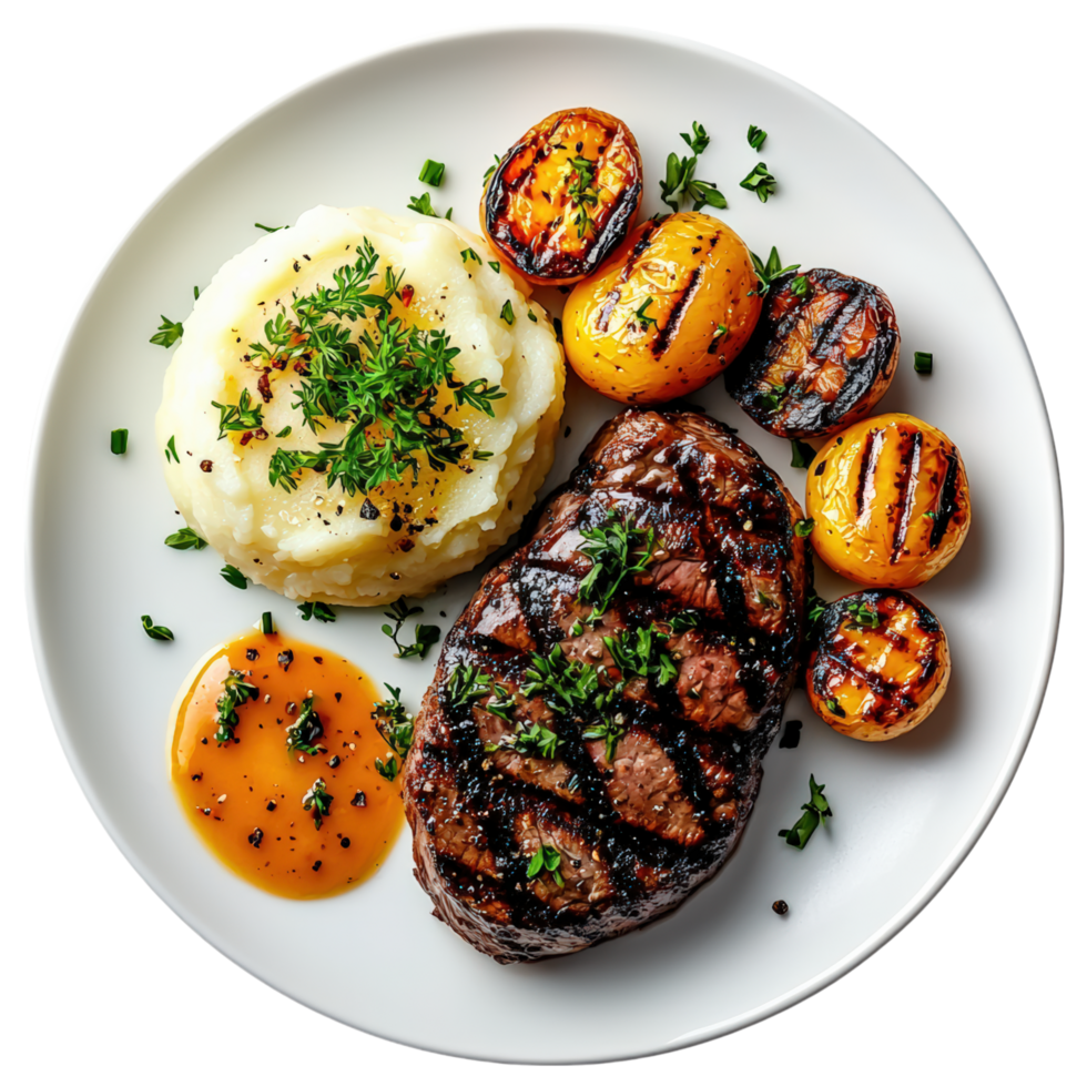 Free Isolated on Transparent Background, Delicious grilled steak with mashed potatoes, vibrant vegetables, food, and beverage png