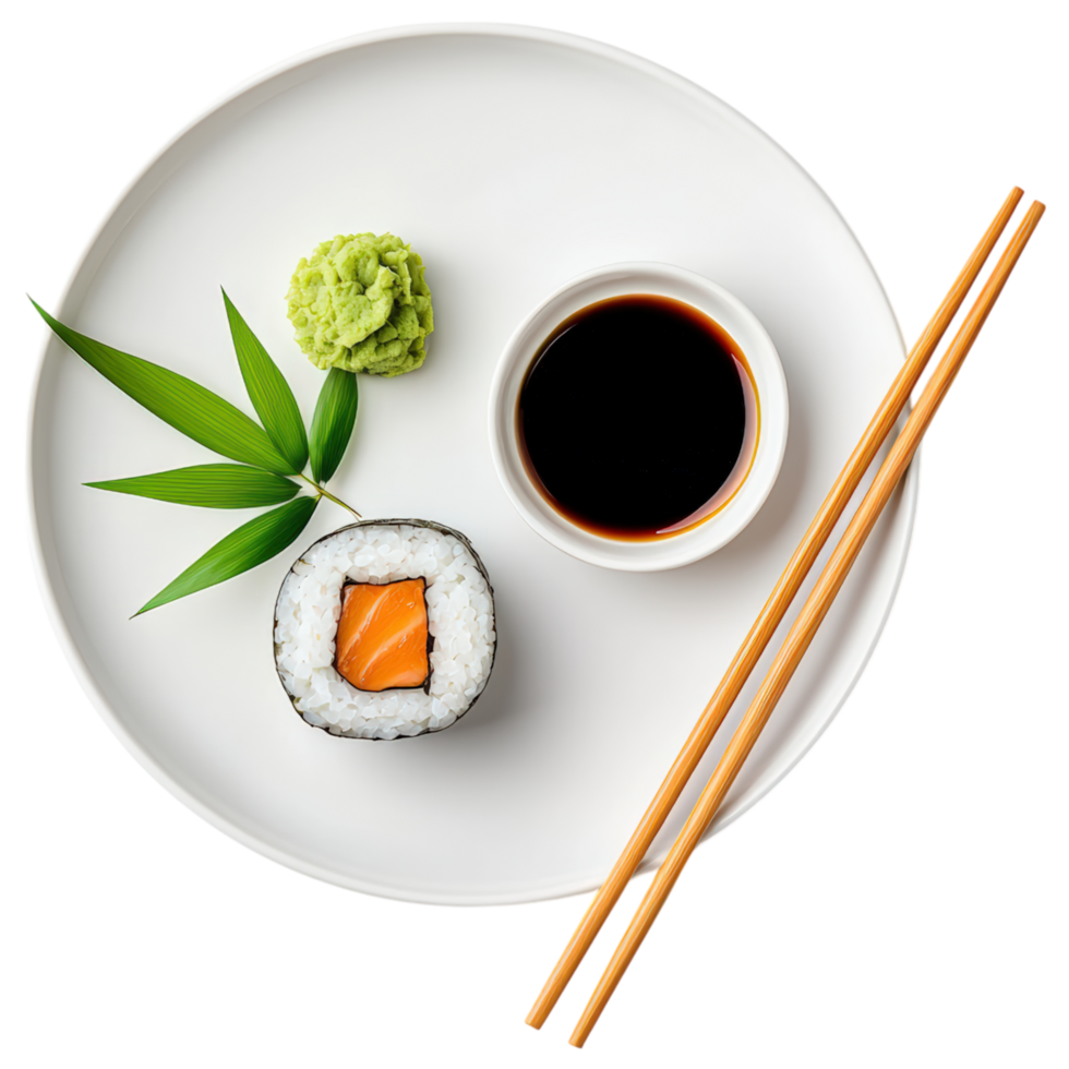 Free Isolated on Transparent Background, Sushi, wasabi, soy sauce, food, and beverage, served on white plate, garnished with leaves, delicious png