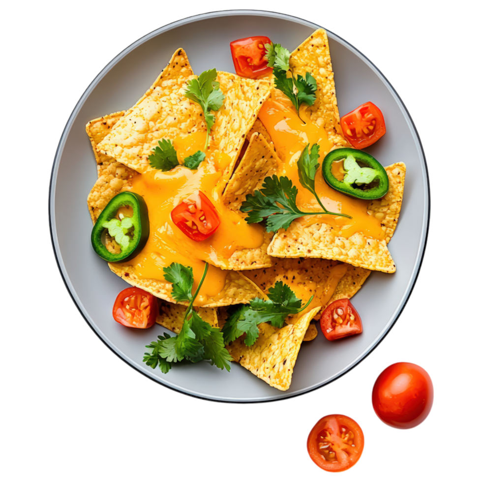 Free Isolated on Transparent Background, Crispy tortilla chips topped with melted cheese, fresh tomatoes, and jalapenos, perfect for sharing and png