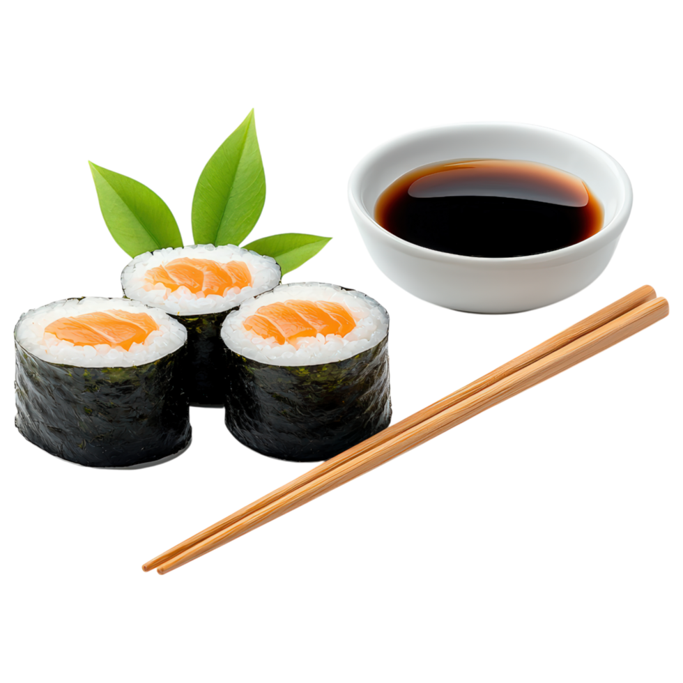 Free Isolated on Transparent Background, Sushi rolls with salmon, soy sauce, and chopsticks create delightful food and beverage experience png