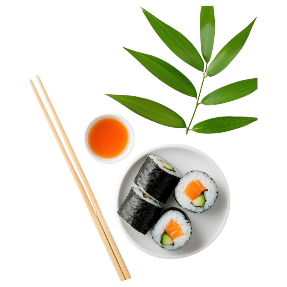 Free Isolated on Transparent Background, Sushi, food, and beverage, served with chopsticks, garnished with leaves, and accompanied by sauce png